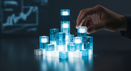 Human hand building from cubes. Strategic growth and future planning