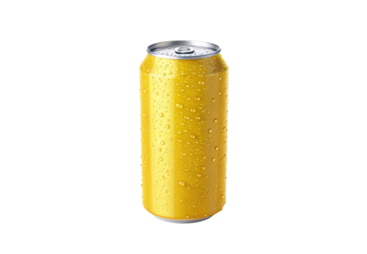 Yellow aluminum beverage can covered with condensation droplets appearing refreshingly cold, isolated on a transparent background