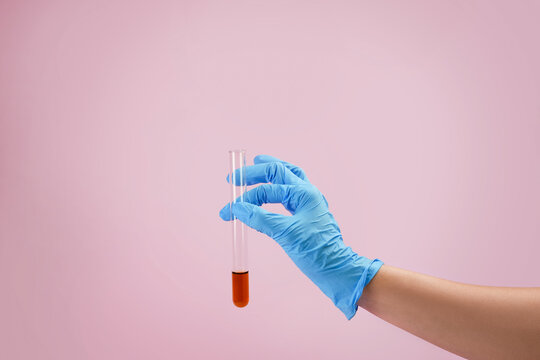 A hand wearing a blue glove is holding a clear test tube with a dark red liquid. The background is a soft pink, emphasizing the laboratory context for scientific experiments.