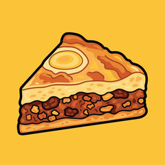 Illustrated slice of savory meat pie with a baked egg on top.
