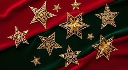 Beautiful golden Christmas ornaments hanging on red and green background, festive celebration, elegant decoration, luxury holiday theme.