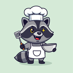 Cute raccoon chef character holding a spatula and mixing bowl.