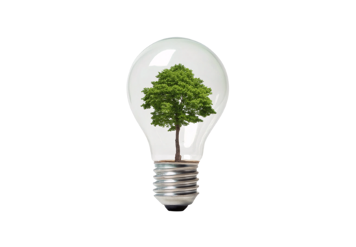 Lush green tree contained inside transparent glass lightbulb, sustainability symbol, isolated on a transparent background