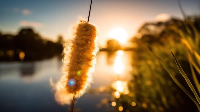 A close-up of a cattail with a soft, fuzzy head, lit by the warm glow of the setting sun