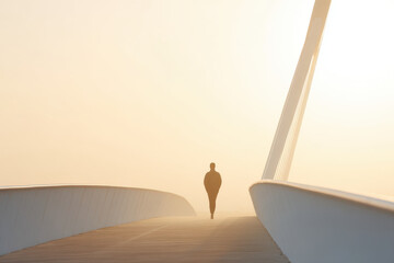 person walks on bridge illuminated by soft glow of morning sun