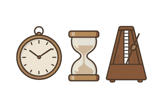 Vintage timekeeping and rhythm instruments set: pocket watch, hourglass, and metronome