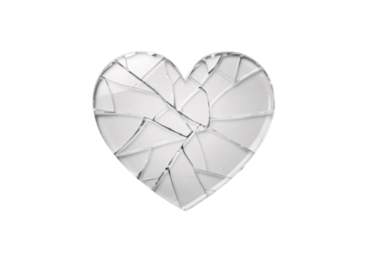Shattered glass mirror heart showing fragility and emotional vulnerability, isolated on a transparent background