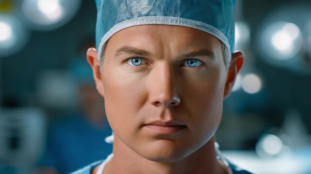 Focused Surgeon: A highly skilled surgeon, adorned in a surgical cap, stands in a sterile operating room, conveying confidence and expertise through unwavering eye contact.