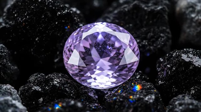Sparkling Pink and Purple Gemstone on Dark Rocks, Close-up Macro Shot of Precious Stone.