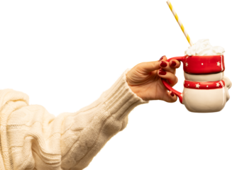 Hand offering festive red holiday mug with whipped cream and stars on transparent background. Concept of Christmas branding, joyful promo visuals, seasonal advertising, and warm emotional appeal.