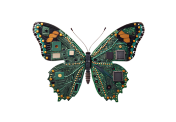 Circuit board butterfly merging nature with technology and digital transformation, isolated on a transparent background