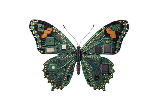 Circuit board butterfly merging nature with technology and digital transformation, isolated on a transparent background