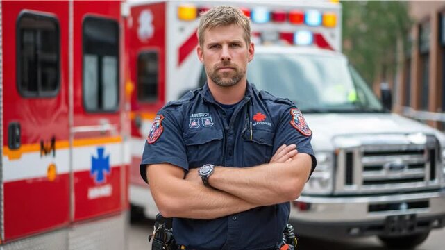 Emergency Medical Service Hero: A dedicated paramedic stands confidently in front of his ambulance. He is ready to provide immediate medical assistance and care to those in need. 