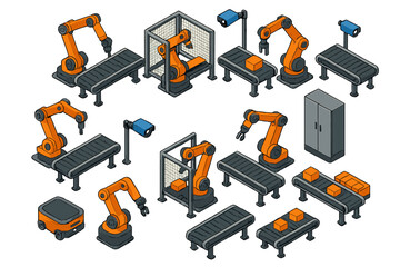 Industrial automation components set with robotic arms, conveyor systems, and mobile robots