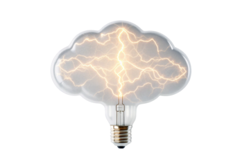 Cloud-shaped lightbulb with electrical lightning, translucent glass neural network glowing, isolated on a transparent background