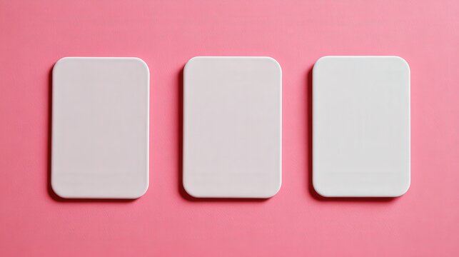 Three blank white rectangular objects with rounded corners are arranged horizontally on a vibrant pink surface.