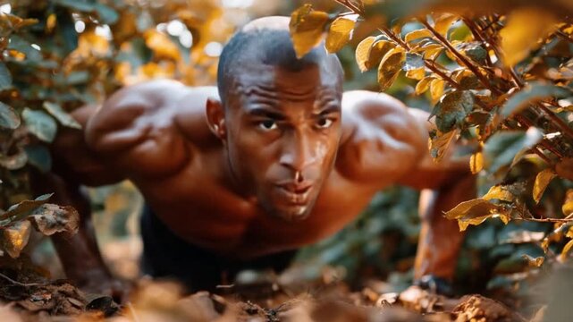 Fitness Under the Canopy: A determined athlete with a sculpted physique is showcased as he is working out amongst the leafy foliage, exhibiting strength and perseverance