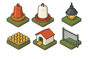 Isometric view of essential poultry farming equipment: chicken house, waterer, feeder, fence, and fresh eggs © Andrei