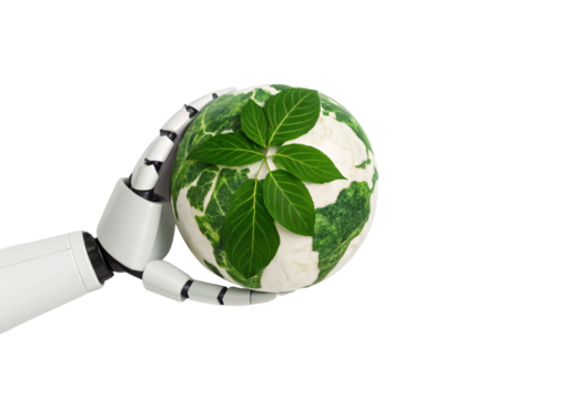 Earth globe with green leaves held by robotic hand, isolated on a transparent background