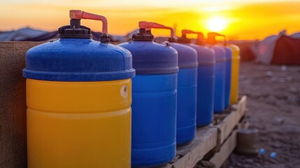 Row of blue and yellow water purification storage tanks with handles lined up outdoors during sunset