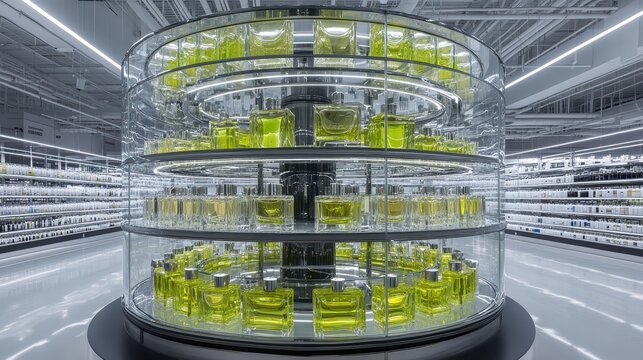 Rotating perfume display shelf showcasing fragrance products