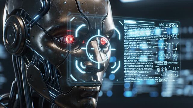 Cyborg head with metallic face and glowing red eye symbolizing advanced artificial intelligence in a futuristic setting with data interface elements in the background