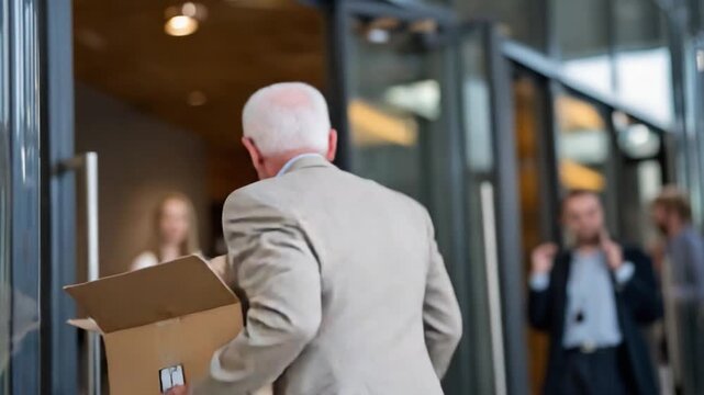 Departure from a Workspace: An elderly individual carries a box, signifying their exit from an office setting, amidst a blurred background of colleagues and a modern office doorway.