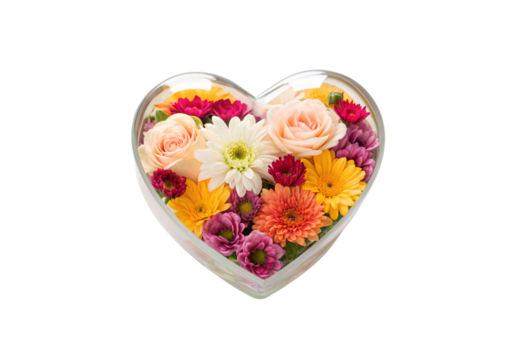 Colorful flowers arranged inside heart-shaped glass container, isolated on a transparent background