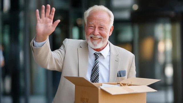 The Farewell Gesture: An older gentleman, his eyes sparkling with happiness, bids adieu with a friendly wave, carrying a box as a new chapter begins.