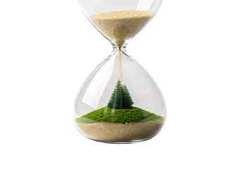 Hourglass with sand falling onto miniature evergreen tree on moss hill, isolated on a transparent background