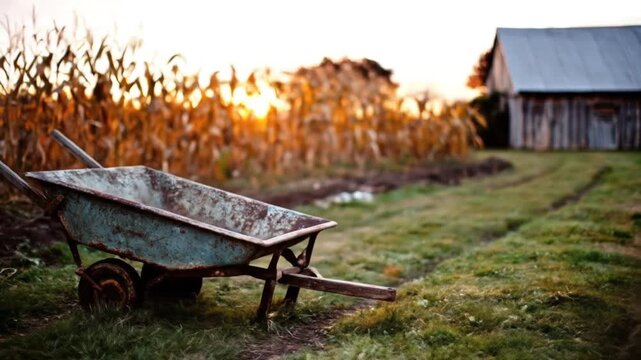 An aged wheelbarrow on a rural path, amidst a corn field and barn at sunset