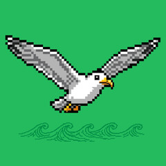 Obraz premium Pixel art seagull flying over stylized waves on a vibrant green background, retro video game aesthetic.