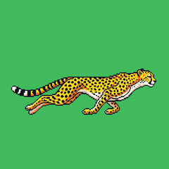 A pixel art illustration of a cheetah running at full speed across a vibrant green background, showcasing its distinctive spotted coat and powerful stride.