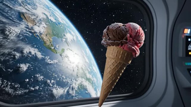 Ice cream cone with chocolate and strawberry scoops floating near a window inside a space station or spaceship, offering a view of earth and distant stars in the dark cosmos