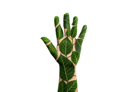 Hand with leaf overlay pattern, natural environmental design element, isolated on a transparent background