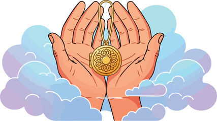 Illustration of hands holding a golden pendant with a coin design against a serene background of blue and purple clouds, symbolizing a memorial tribute.