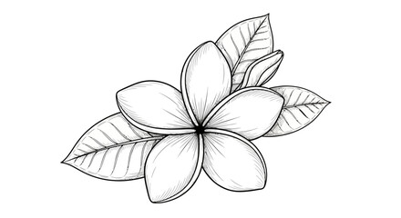 Monochrome Plumeria Flower Illustration with Decorative Leaves Outlined