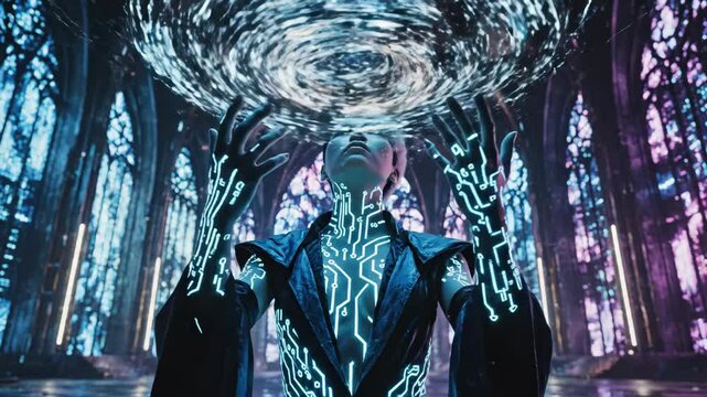 Cyborg character standing in a futuristic gothic cathedral, generating electrical energy and glowing with circuit patterns, representing advanced technology and spiritual power