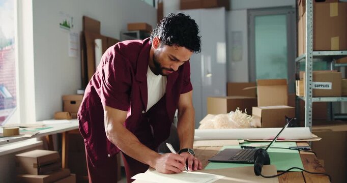 Writing, laptop and man in startup, logistics and planning for distribution with entrepreneur on web. Dropshipping, online and person with info for stock inventory, ecommerce and order management
