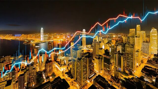 Financial Ascent: A vibrant city skyline, interlaced with dynamic, colored stock market graphs, illustrating the ebb and flow of global economics at night.