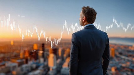 Visionary's Ascent: A determined executive, surveying a cityscape with financial charts overlaid, embodying ambition and strategic insight.