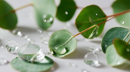 Eucalyptus leaves with water drops creating a fresh and natural look on a white background