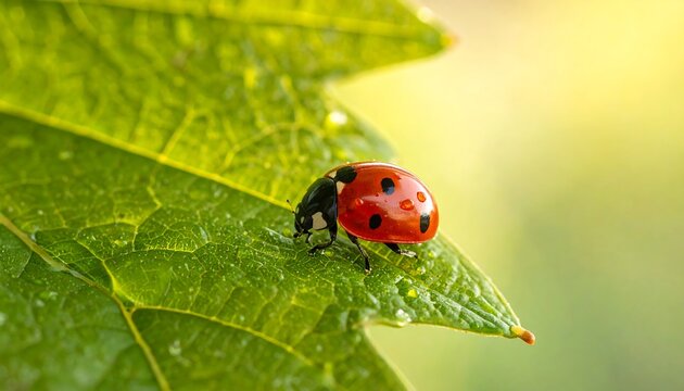Vibrant close-up shot of a ladybug on a lush green leaf. The insect's red shell glistens against the textured leaf, with a soft, blurred background