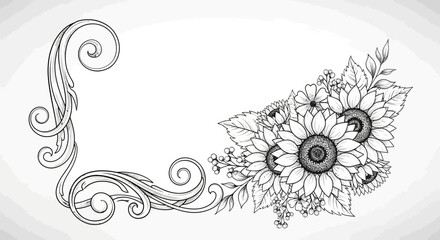 Ornamental Frame with Hand-Drawn Floral Sunflower Bouquet and Flourishes