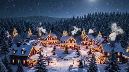 aerial view of small snowy forest village at night as Christmas lights turn on, magical winter holiday scene - Powered by Adobe