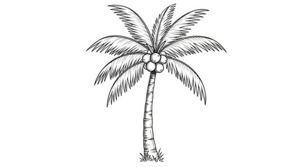 Single coconut palm tree sketch with fruits isolated on white backdrop