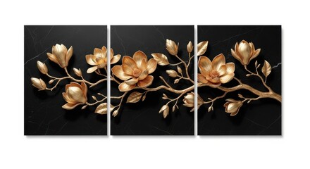Golden floral branch with flowers on a black background, a triptych wall art