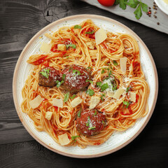 Overhead Shot of Spaghetti with Meatballs In Red Tomato Sauce With Parmesan.