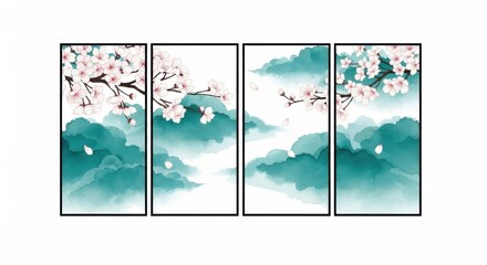 Serene cherry blossoms in bloom against misty teal watercolor clouds, japanese art