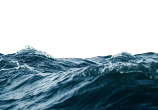 Sea surface with foam crests depicting marine environment dynamics, isolated on a transparent background